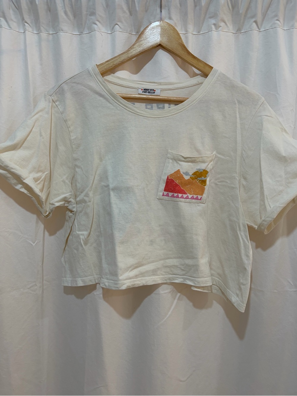 Cream Cropped Pocket Tee with Colorful Mountain Patch